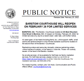 Barstow Courthouse Will Reopen February 28 with Limited Services