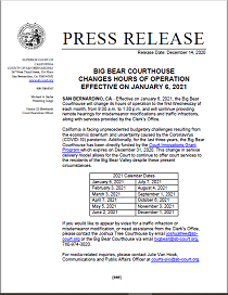 Big Bear Courthouse Changes Hours Effective January 6, 2021