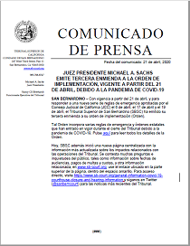 PJ Sachs Issues Third Amendment To Implementation Order Effective April 21 Spanish