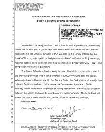 General Order:  Rejection By Clerk Of Petition To Terminate Sex Offender Registration When Petition Filed Untimely Pursuant to PC 290.5(a)(1), Dated June 10, 2021
